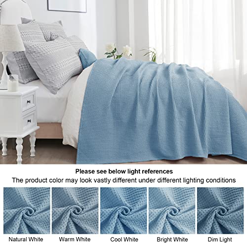 Image of PHF 100% Cotton Waffle Blanket Lightweight Breathable, King Size Dusty Blue | Pre-washed Soft Cozy Summer Throw for Hot Sleepers, Textured Decorative Layer for Bed Couch Sofa Guest Room, Giftable