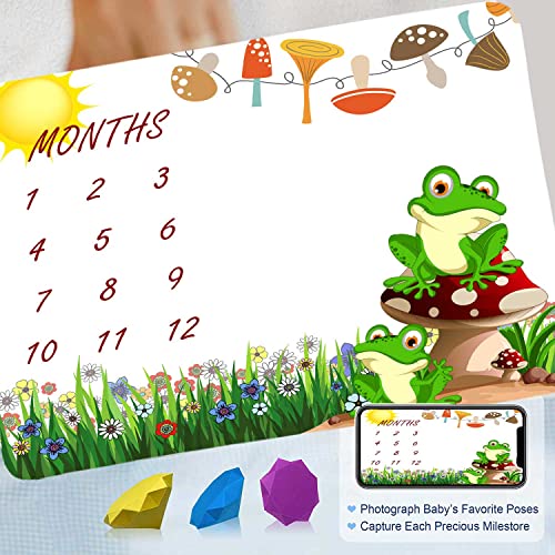 Image of Frog Mushroom Monthly Milestone Blanket, Nature Floral Unisex,48x40in | Lightweight cotton milestone mat,frog mushroom floral print, decorative butterfly frames for monthly growth record