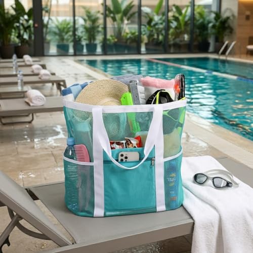 Image of Beach Bag, F-color Mesh Beach Bag Oversized Beach Tote 8 Pockets Beach Toy Bag Lightweight Beach Tote Bag for Women Picnic Travel
