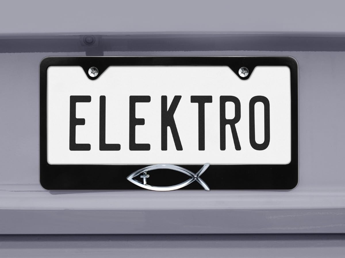 Elektroplate – Chrome Christian Fish Ichthys with Cross on Black All-Metal Standard Size Premium 3D License Plate Frame Tag Holder for Cars/SUVs/Trucks Weather-Proof Automotive Accessory