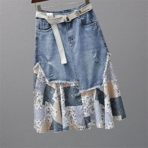 Women's Patchwork Midi Jeans Skirts Korean Bow High-Waist Denim Skirt4