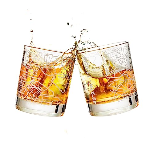 Greenline Goods Whiskey Glasses - 10 Oz Tumbler Gift Set for Boston lovers, Etched with Boston Map | Old Fashioned Rocks Glass - Set of 2