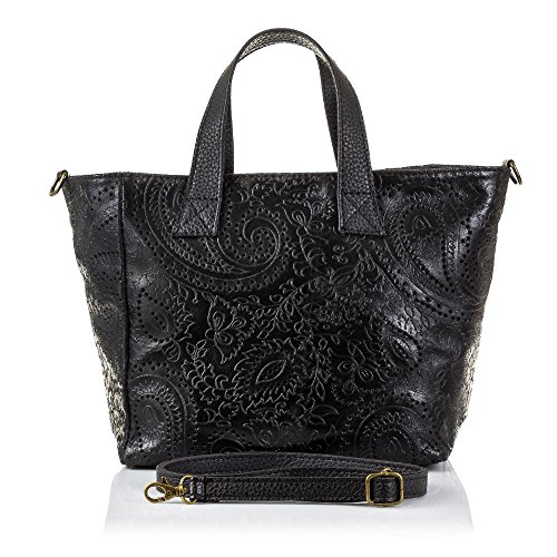 Firenze ARTEGIANI.Bolso de Mujer Piel auténtica.Bolso Tote Bandolera Cuero Genuino.Piel Grabado arabescos. Made IN Italy. Vera Pelle Italiana. 32x23x14 cm. Color: Negro