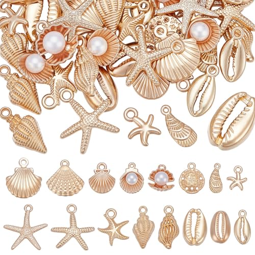 UNICRAFTALE Lot de 80 Pièces de Charmes Océan Dorés Assortis 16 Styles Ensemble de Pendentifs Métalliques Vie Marine Coquillages étoile de Mer Conque...