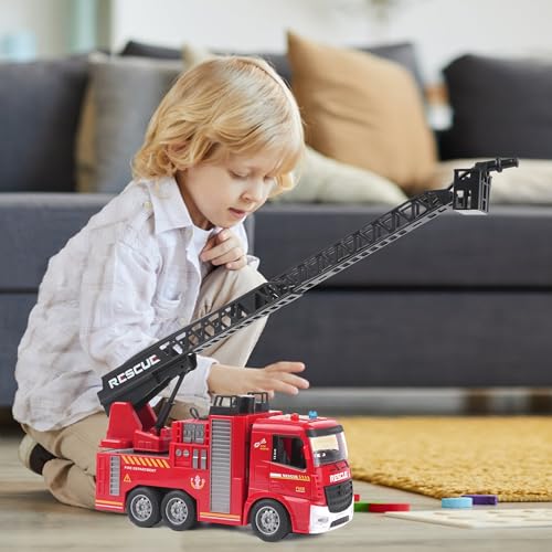 ANTSIR Remote Control Fire Truck Toy Set for Boys, RC Engineering Construction Vehicle with Rescue Ladder Alarm Lights, Hose, Working Water Pump Christmas Birthday Gift for Kids