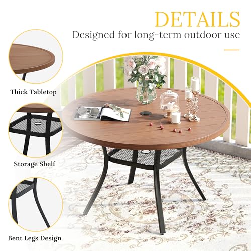 Image of VICLLAX 47.2 inch Round Patio Table for 6, All Weather Metal Outdoor Dining Table with Adjustable Umbrella Hole, Walnut Wood-Like Tabletop