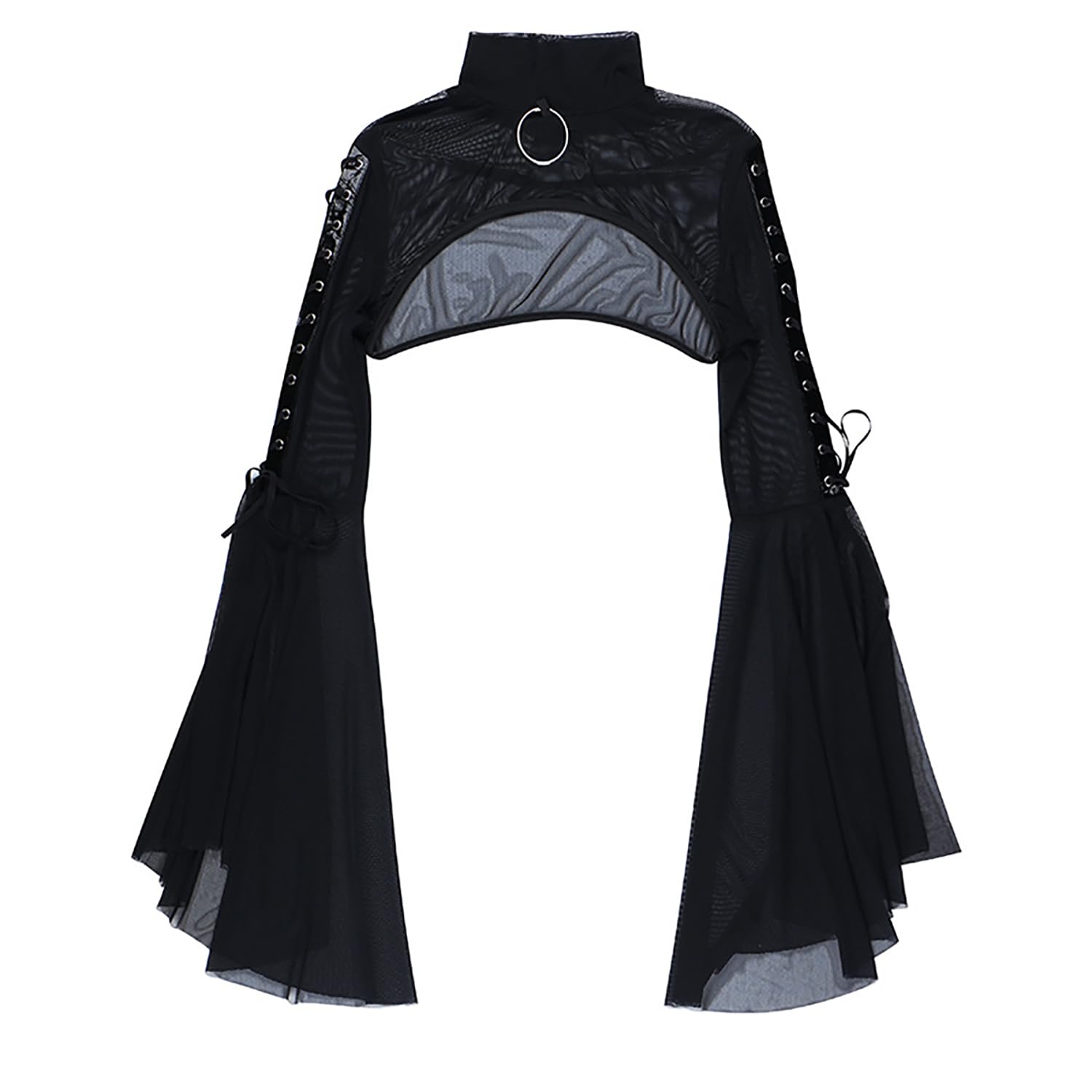 Women Goth Crop Tops Fishnet Cover Up Mesh Bolero Shrug Bell Long Sleeve Mesh Blouse Gothic Clothes Cardigan