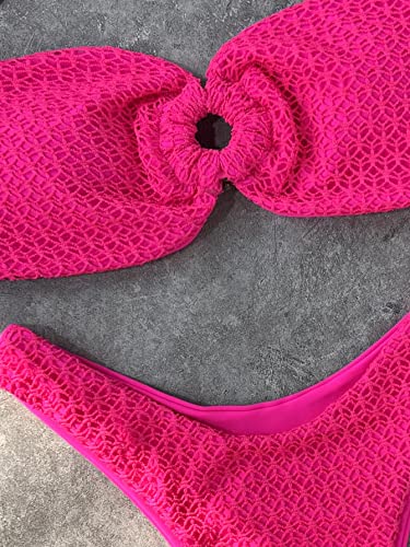 WDIRARA Women's 2 Piece Strapless Bandeau Bikini Set O Ring Swimsuits Smocked Bathing Suit Hot Pink S - Image 3