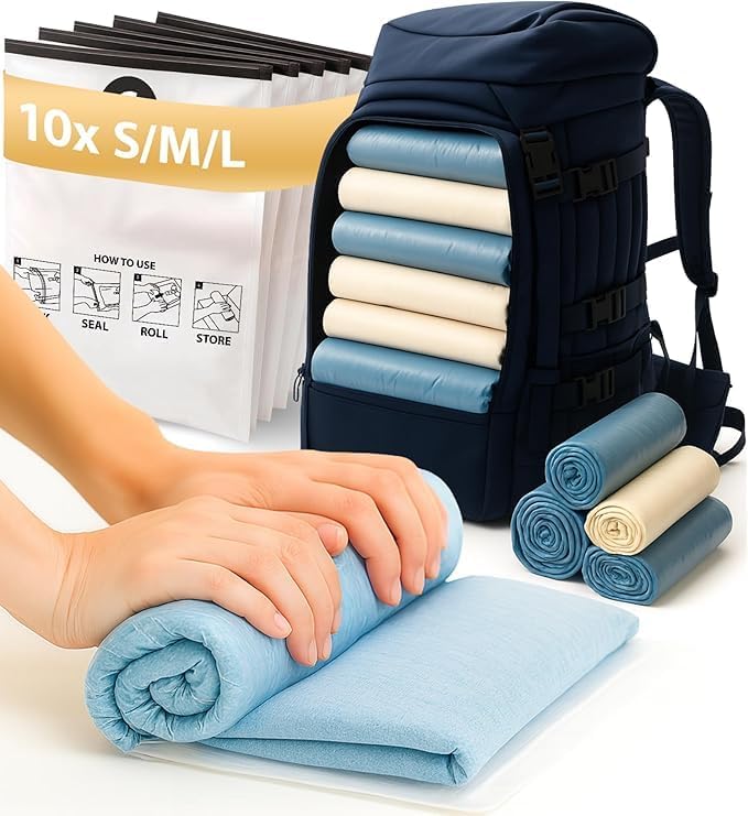 FiRiO Bolsas Vacio Ropa Viaje sin Aspirador (para Enrollar) I 10 PIEZAS: 3x 70x50cm/ 3x 60x40cm/ 4x 50x35cm I Bolsas de Vacio para Ropa Viaje I Vacuum Bags for Traveling I Bolsas de Compresion