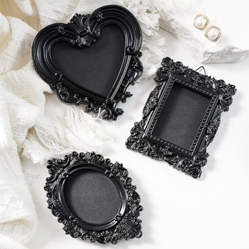 Image of Vintage Decorative Mini Picture Frames Set, Black with Gold Accents, 3 Pack Antique Style Resin Photo Frames for Wall Display, DIY Jewelry, Photography (Black)