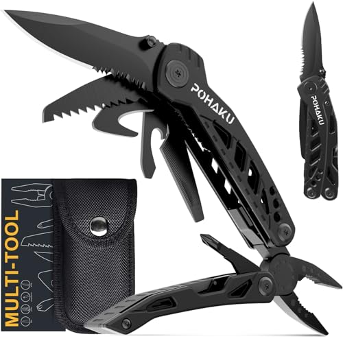Pohaku Multitool Knife, Pohaku 13 in 1 Pocket Multitool, Multi Tool with 3″ Large Blade, Safety Locking Design, Spring-Action Plier, Durable Nylon Sheath for Outdoor, Camping, Fishing, Survival,Hiking