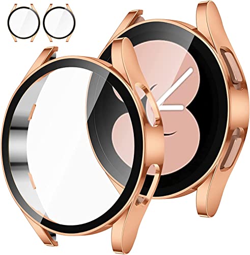 Tensea [2Pack for Samsung Galaxy Watch FE 2024/5 2022/4 2021 Screen Protector Case 40mm Accessories, Protective Face Cover Built-in Tempered Glass Film Bumper Case (40mm, Rose Gold-Hard Case)