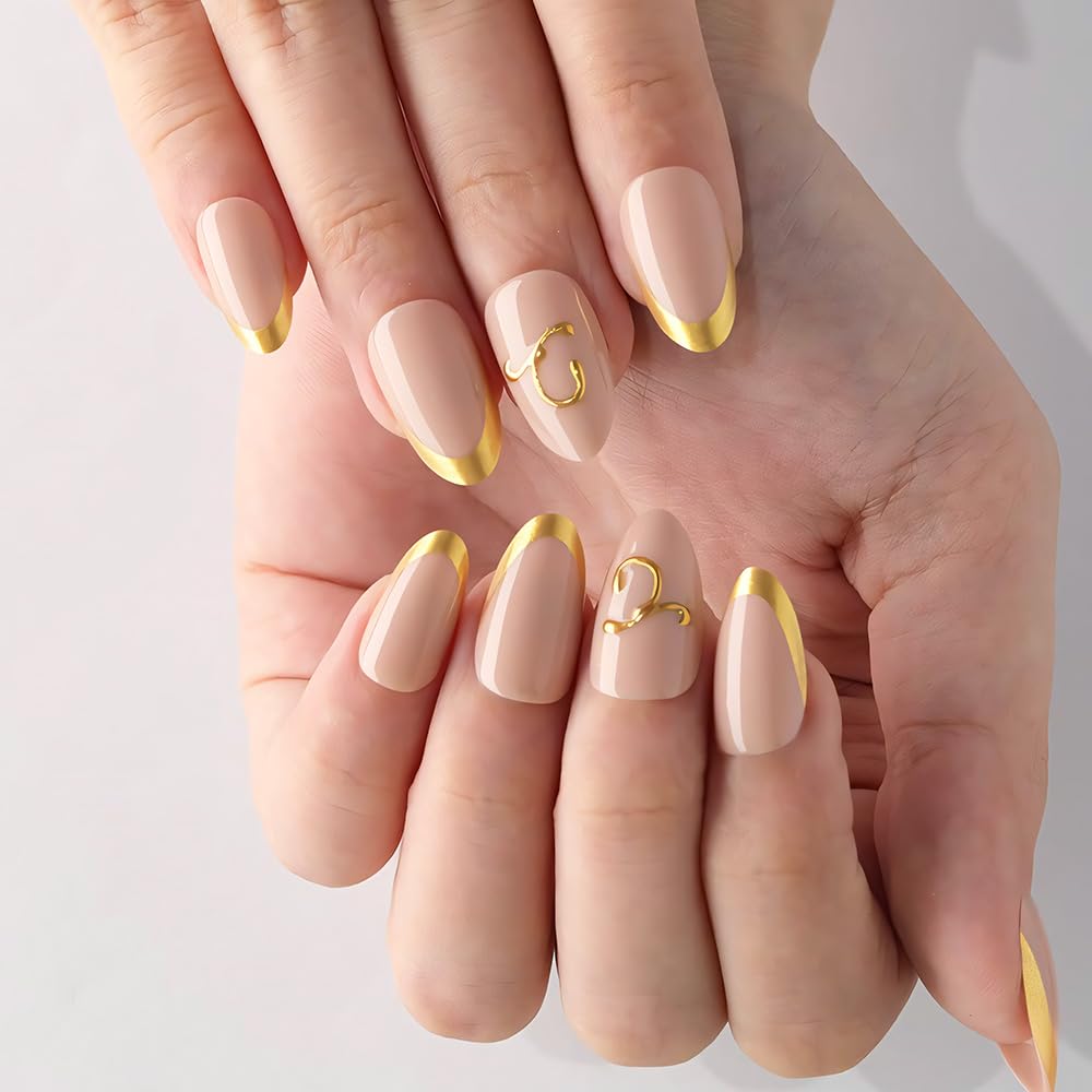 - evpct Initial Letter French Tips Press On Nails Short Almond for Women Gift, Nude + Gold Tip, Glossy Soft Gel Press Stick on Nail with Nail Kit, 3D Design Full Cover Reusable Acrylic Fake Nails Kit, C