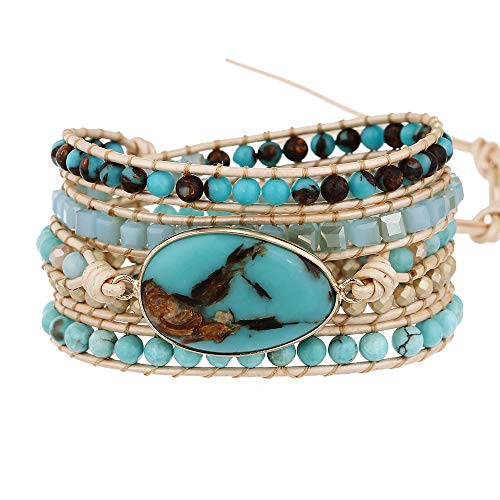 Plumiss Handmade Natural Stone Beaded Bracelets Turquoise Blue Jasper Hematite Crystal 5 Wraps Bracelet for Women Men