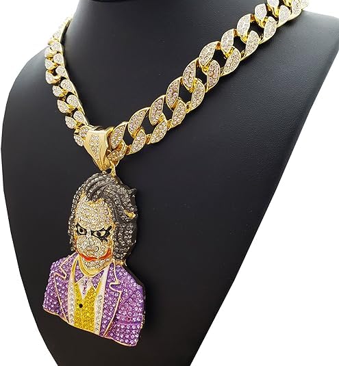 Iced Gold Silver Plated Large Joker Cubic Zirconia Bling Pendant 16" ~ 30" Cuban Chain Hip Hop Style Jewelry Necklace Gift for Men, Women3