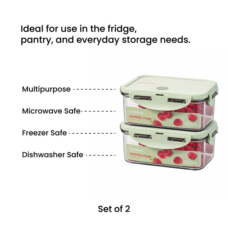 Image of LocknLock 600ml Food Storage Containers (Pack of 2) | Airtight, Leakproof, BPA-Free Plastic Boxes | Stackable Kitchen Containers for Lunch, Fridge & Pantry Storage