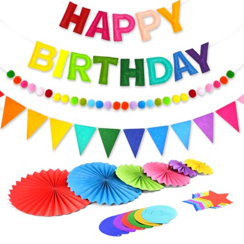 Image of CANREVEL 17 PCS Pre-Strung 3D Rainbow Happy Birthday Banner, Multi Streamer
