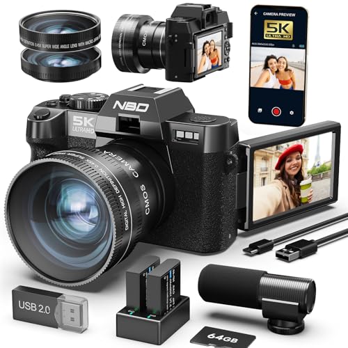 NBD 5K Digitalkamera 64MP mit Autofokus & 16X Zoom, 3' 180° klappbarem Display, WiFi – Inkl. Weitwinkel/Makro-Linse + Mikrofon + 64GB Karte + 2 Akkus (Schwarz)