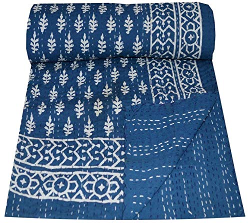 YUVANCRAFTS Copriletto Singolo In Cotone Indiano Con Stampa A Blocchi Fatta A Mano E Ricamo Kantha (Blu, 222x150 Cm)