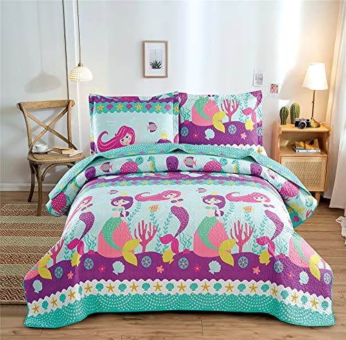 Ferdilan Kids Mermaid Quilt Set Queen/Full Size 3 Pieces Girls Ocean Bedspread Set Lightweight Beach Bedding Seahorse Turtle Octopus Starfish Shell Coral Printed Coverlet Matching Shams #TOP6