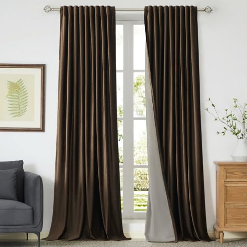 Image of PRIMROSE 100% Full Blackout Brown Velvet Curtains 72 inch Long for Living Room,Set of 2 Liner Rod Pocket Back Tab Thermal Window Curtains Room Darkening Heavy Decorative Curtains Drapes for Bedroom