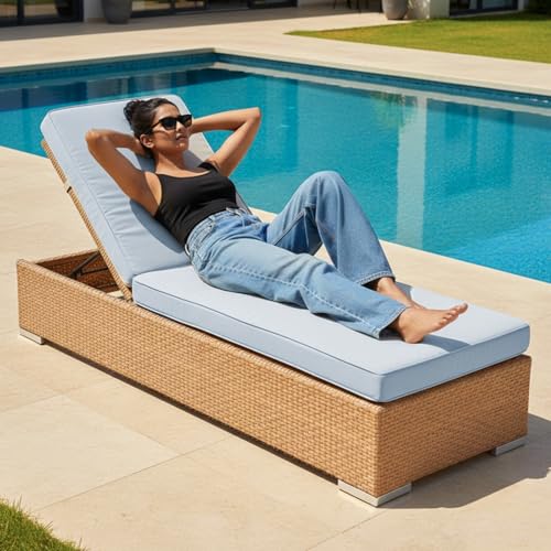 Image of DEVOKO Outdoor Rattan Wicker Sun Lounger Recliner for All Weather Comfort with Durable Metal Frame Ideal for Garden, Deck, Lawn, Poolside (Beige & Grey)