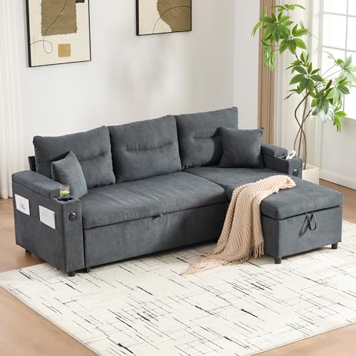 Arhatreya Sofá de 3 plazas en forma de L para invitados, moderno, sofá cama con chaise longue y USB-C, sofá tapizado para salón, apartamento, lino, gris oscuro
