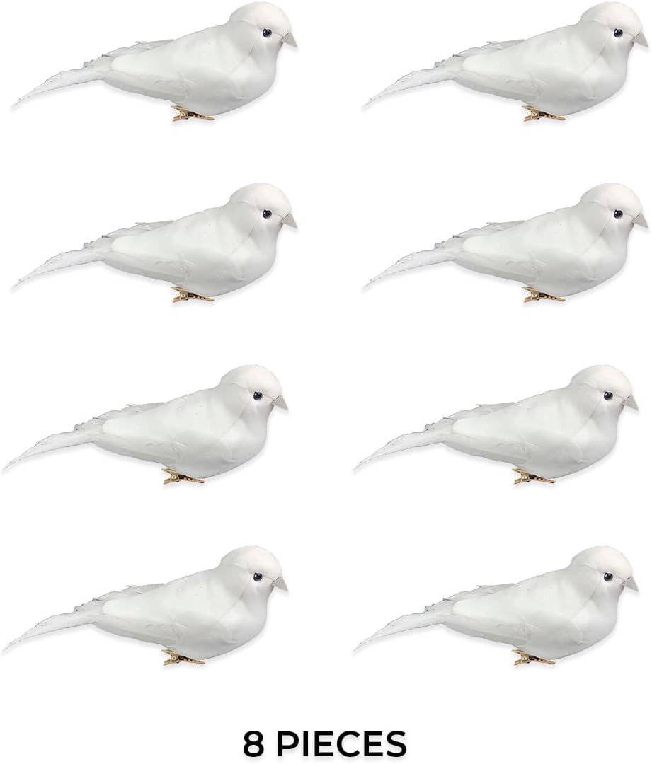 6" White Artificial Feather Dove Assortment on Clip- 8 Pieces - Christmas Ornaments - Holiday - Home Accents - Floral Arrangements - Realistic Birds - Craft Supplies - Artificial Birds (8)