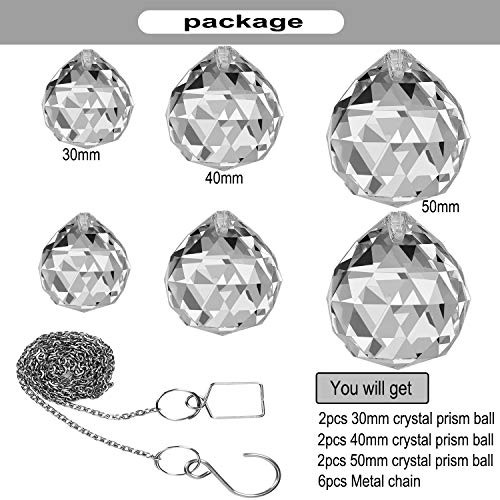 Hisredsun 6 Stück Kristall-Prisma-Kugel mit Metallkette, 30–40–50 mm, K9, facettierte Prismenkugeln, Fenster, Regenbogen, Sonnenfänger, Dekoration