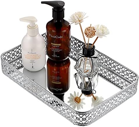 ELLDOO Perfume Tray Mirror Tray Vanity Makeup Hollow-Carved Jewelry Tray Glass Metal Trinket Storage Tray Home Decor Organizer Tray for for Dresser Bathroom Countertop,Silver,Medium Size