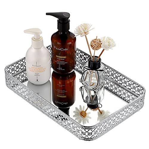 ELLDOO Silver Mirror Glass Perfume & Makeup Vanity Tray, Medium Size