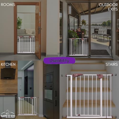 Image of Safe-O-Kid Adjustable 1-Year Warranty Baby Safety Gate (75-85 cm) - Durable Metal Child Gate for Kids, Dog Gate, Baby Gate with 2-Way Auto-Close, Secret Lock, No Drill Required (Brown)