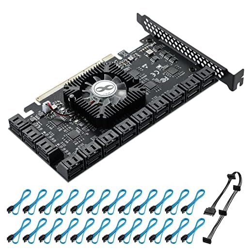 BEYIMEI PCIE 16X SATA kort 24 portar, 6 Gbit/s PCI-E till SATA 3.0 Controller Expansionskort med 24 SATA-kablar, Non-Raid SATA-adapter för Windows XP/Vista/7/8/Linux 2.6.x (ASM1812 + ASM1064)