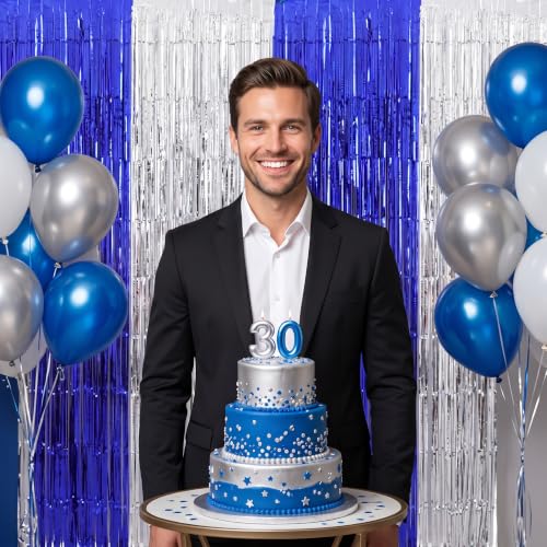 Image of TONIFUL 2Pcs Blue and Silver Metallic Tinsel Foil Fringe Curtains Streamers | 3.3ftx6.6ft Photo Booth Backdrop Tinsel Streamer Curtain for Boys' Men's Birthdays Baby Shower Retirement Graduation Party