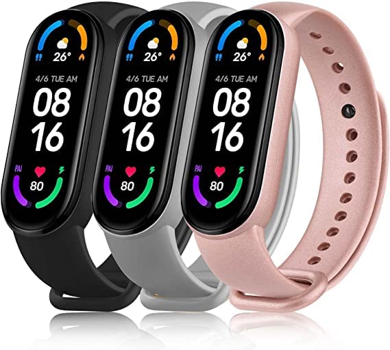 Techmount Wristband Soft Silicone Adjustable Replacement Straps Compatible with Xiaomi Mi Band 5/ Mi Band 6 (Watch NOT Included) (Black/Grey/Pink)