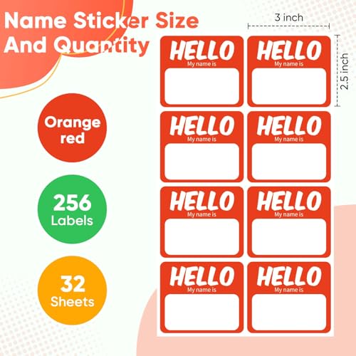Image of 256 Pcs Name Tags Sticker 3 inchx2.5 inch Hello My Name is Stickers, Orange-red Name Labels Adhesive Identification Name Badges for School, Office, Meeting, Family Parties, Mailing