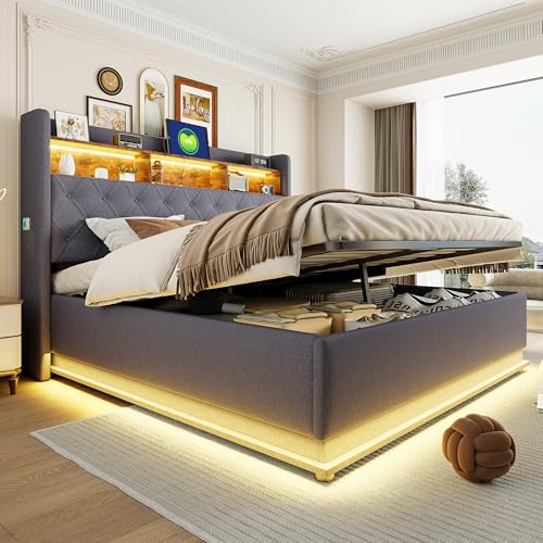 Canape Abatible de Formato Doble Grande 180x200cm con Sistema de Elevacion Neumatica con Modulo Trasero de Guardado como Marco de Tela Acolchado y Bastidor Fuerte Gris
