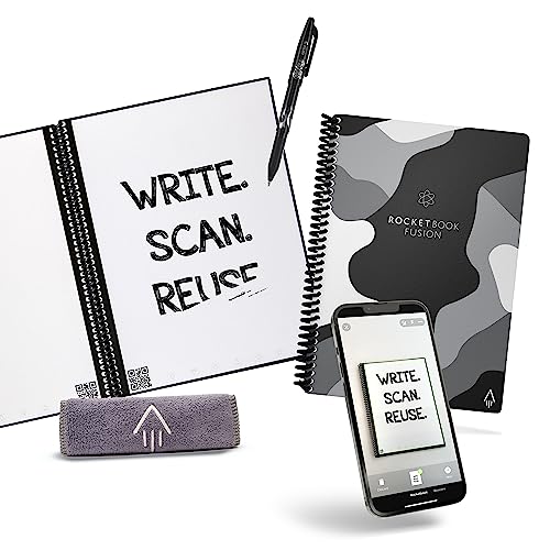 Image of Rocketbook Fusion Smart Reusable Notebook - Calendar, To-Do Lists, and Note Template Pages with 1 Pilot Frixion Pen & 1 Microfiber Cloth Included - Lunar Winter Cover, Executive Size (6 inch x 8.8 inch)