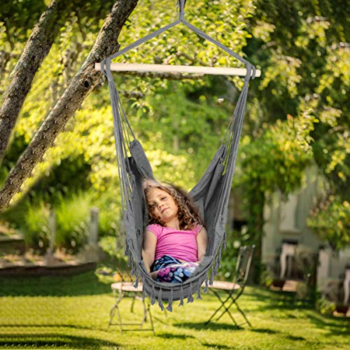 E EVERKING Hammock Chair, Hanging Rope Swing Seat for Indoor Outdoor, Soft Durable Cotton Canvas, 2 Cushions Included, Large Reading Chair with Pocket for Home, Bedroom, Patio, Porch (B-Gray) - Thumbnail 7