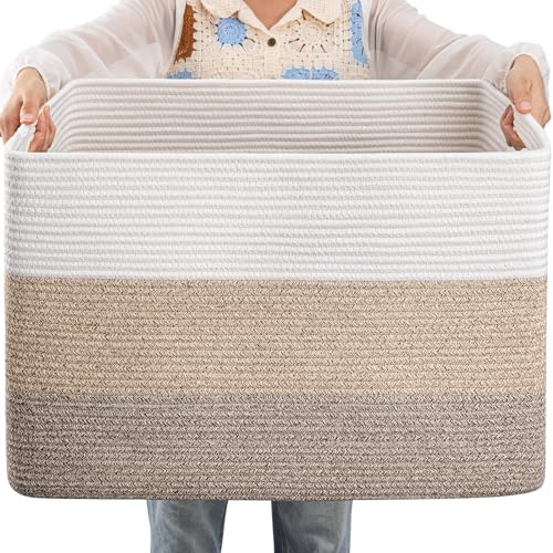 OIAHOMY 108L Large Cotton Rope Basket, Rectangle Woven Baskets for Storage, Nursery Blanket Storage Living Room, Toy Basket With Handle-25”x16”x16”-Gradient Yellow