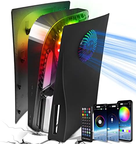 PS5 Plates Playstation 5 Accessories, PS5 Cover Face Plates and RGB LED Light Strip, SIKEMAY Console Disc Version Skins with Fan Vents Dust Side Faceplate Shell Case, 8 Color 400+Effects Kit - Black