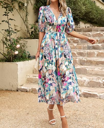 Image of UONBOX Women's V Neck Floral Dress Summer 2025 Trendy Pleated Boho Flowy Puff Sleeve Maxi Dress