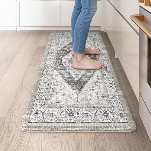 KIMODE Kitchen Mats Cushioned Anti Fatigue, Boho Vintage Kitchen Rugs, Grey 20"x39" Kitchen mats for Floor,Non Slip Kitchen Floor Mat, Comfort Padded Kitchen Floor Mats for Sink Laundry Office Desk
