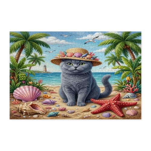 Rompecabezas de gato de 1000 piezas en madera con un colorido diseño tropical de playa para adultos