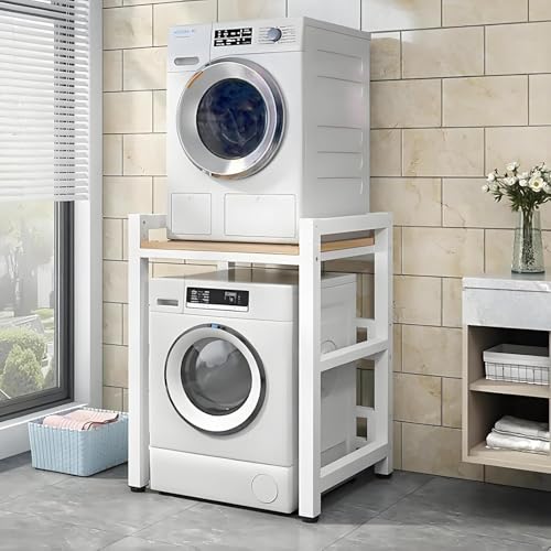 Dryer Stand Height Adjustable Portable Stacking Kit for Front Loader Washing Machine & Tumble Dryer Storage Rack Over Washing Machine Storage Unit 400kg Load Capacity BlackFrame White
