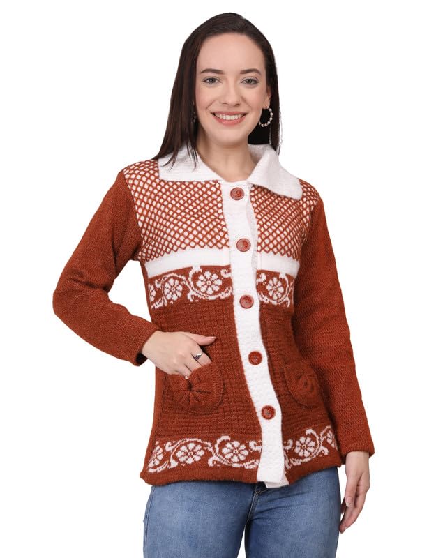 MANRA Women White Collared Neck Casual Wear Stylish Cardigan Sweaters with Front Pockets for Winter wear (Women White Coller Sweater)-picture-46