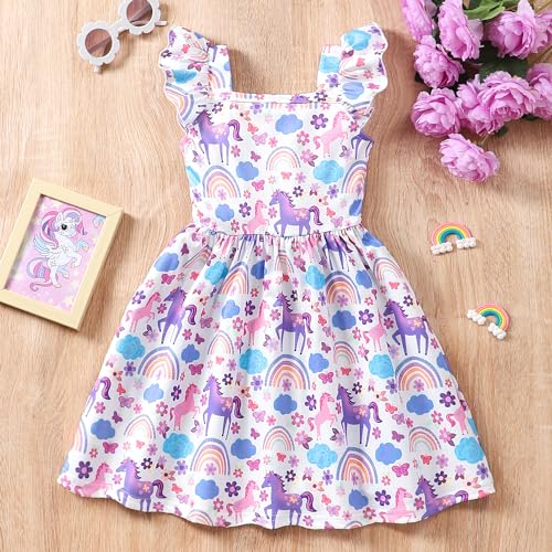Little Girls Summer Dresses Square Neck Ruffle Flutter Sleeve Kids Toddler Unicorn Casual A-Line Swing Sundress 2-8 Years2