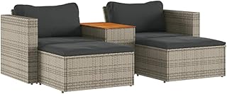 vidaXL 5-Piece Outdoor Sofa Set - Gray Poly Rattan with Acacia Table, Cushions Included, Modular Lounger for Patio/Garden