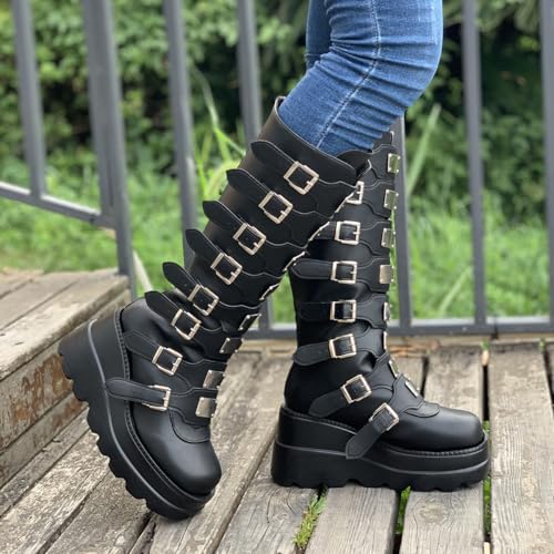 Image of Gothniero High Platform Knee Boots Chunky Heel Wedge Black Boots For Women Combat Goth Punk Motorcycle Booties Zip up With Metal Buckles Size5-11