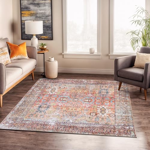 Rugshop Multi Transitional Distressed Square Area Rug — Machine Washable & Non‑Slip, 6' 7" Square for Dining Room, Living Room and Office